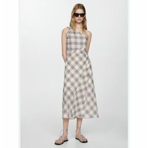 Mango Midi Dress Sz 8 Checkered Asymmetrical One Shoulder Plaid Cream Cotton MNG